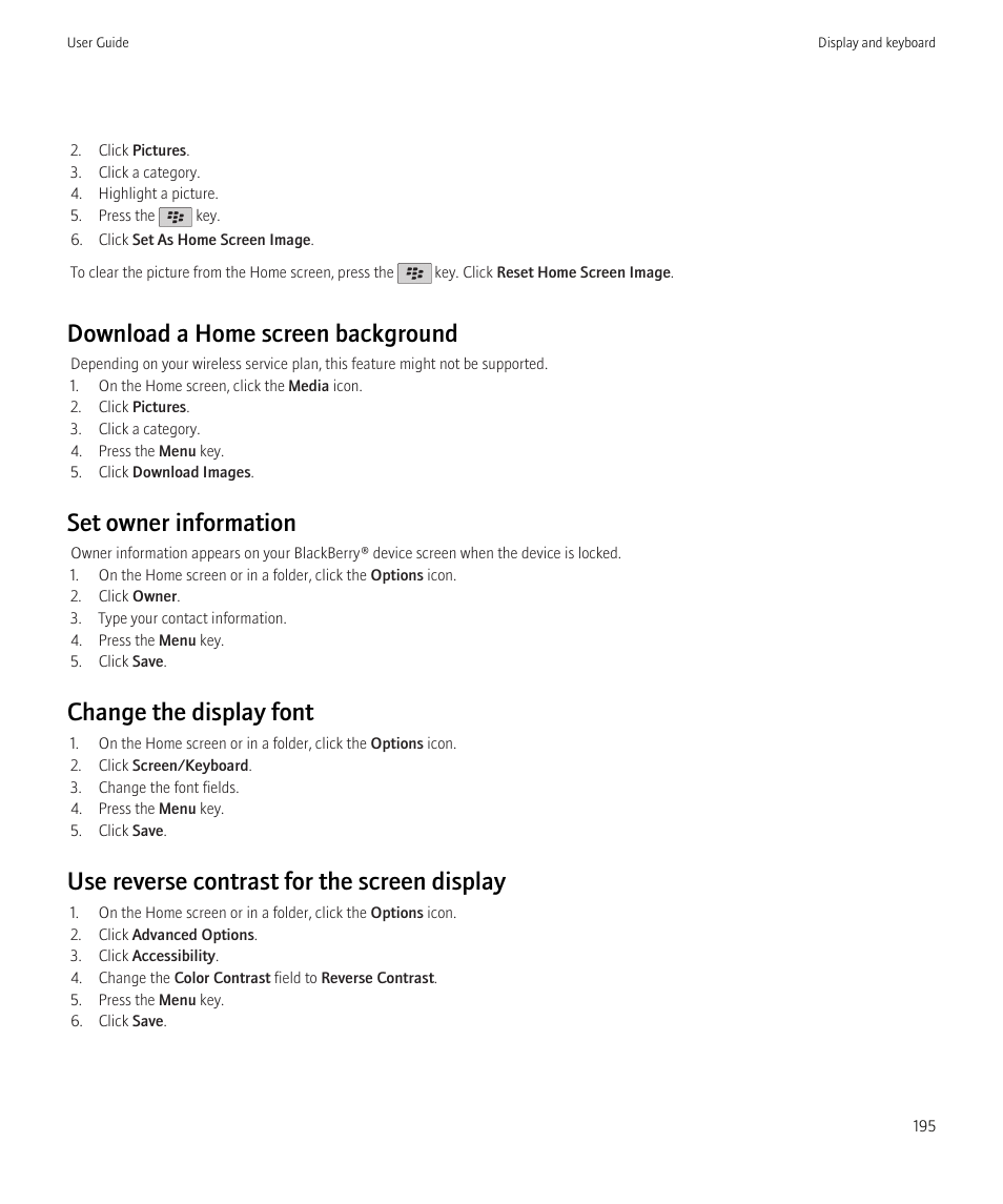 Download a home screen background, Set owner information, Change the display font | Use reverse contrast for the screen display | Blackberry Bold 9700 User Manual | Page 197 / 332