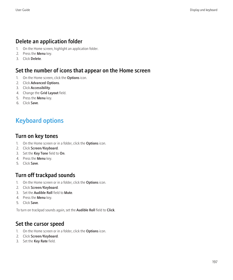 Keyboard options, Delete an application folder, Turn on key tones | Turn off trackpad sounds, Set the cursor speed | Blackberry Bold 9700 User Manual | Page 199 / 332