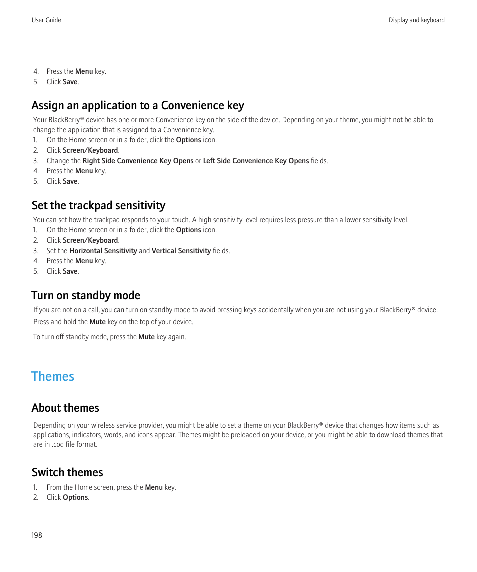 Themes, Assign an application to a convenience key, Set the trackpad sensitivity | Turn on standby mode, About themes, Switch themes | Blackberry Bold 9700 User Manual | Page 200 / 332