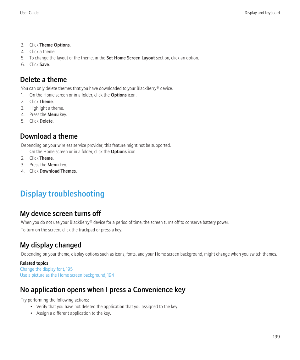 Display troubleshooting, Delete a theme, Download a theme | My device screen turns off, My display changed | Blackberry Bold 9700 User Manual | Page 201 / 332