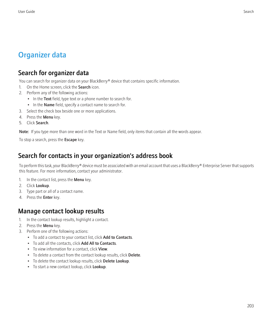 Organizer data, Search for organizer data, Manage contact lookup results | Blackberry Bold 9700 User Manual | Page 205 / 332
