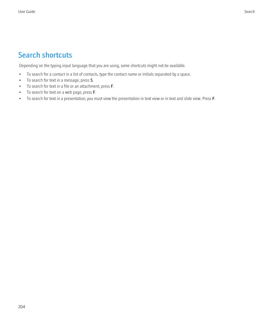 Search shortcuts | Blackberry Bold 9700 User Manual | Page 206 / 332