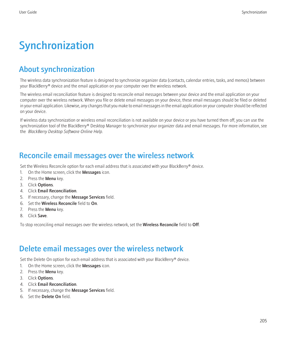 Synchronization, About synchronization, Reconcile email messages over the wireless network | Delete email messages over the wireless network | Blackberry Bold 9700 User Manual | Page 207 / 332