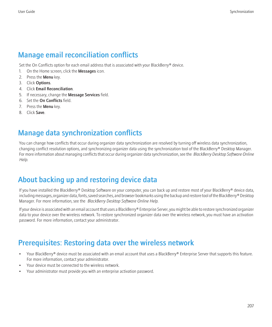 Manage email reconciliation conflicts, Manage data synchronization conflicts, About backing up and restoring device data | Blackberry Bold 9700 User Manual | Page 209 / 332