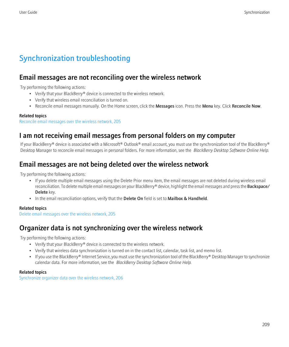 Synchronization troubleshooting | Blackberry Bold 9700 User Manual | Page 211 / 332