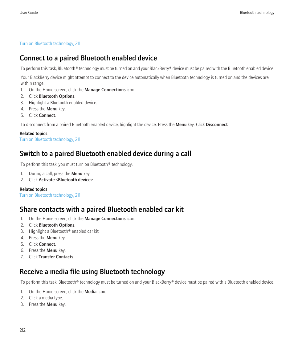 Connect to a paired bluetooth enabled device, Receive a media file using bluetooth technology | Blackberry Bold 9700 User Manual | Page 214 / 332