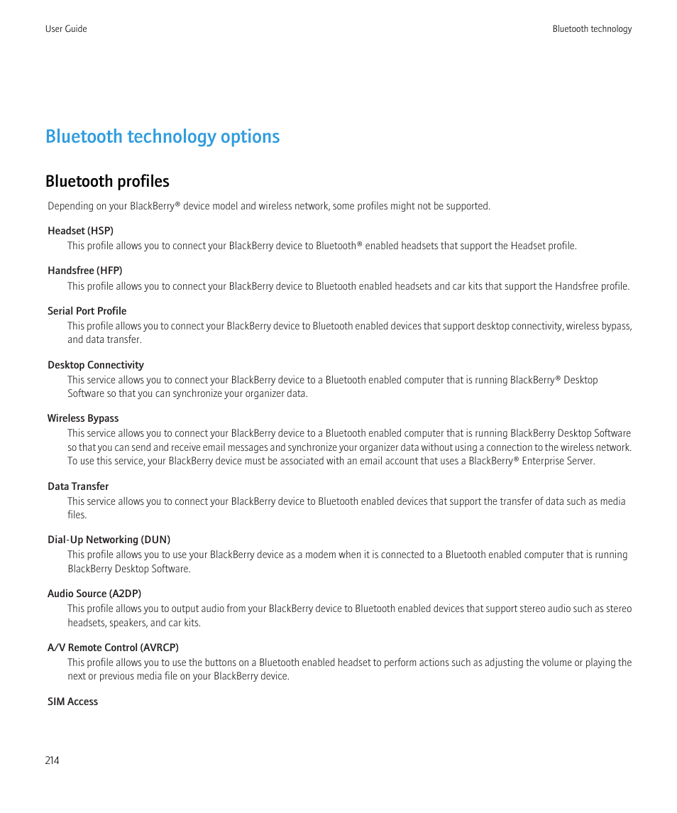 Bluetooth technology options, Bluetooth profiles | Blackberry Bold 9700 User Manual | Page 216 / 332