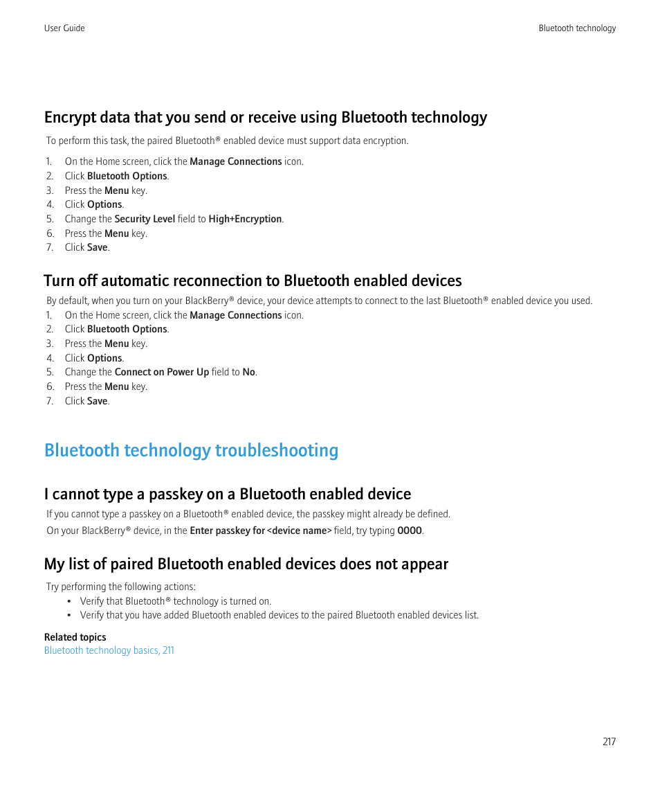 Bluetooth technology troubleshooting | Blackberry Bold 9700 User Manual | Page 219 / 332