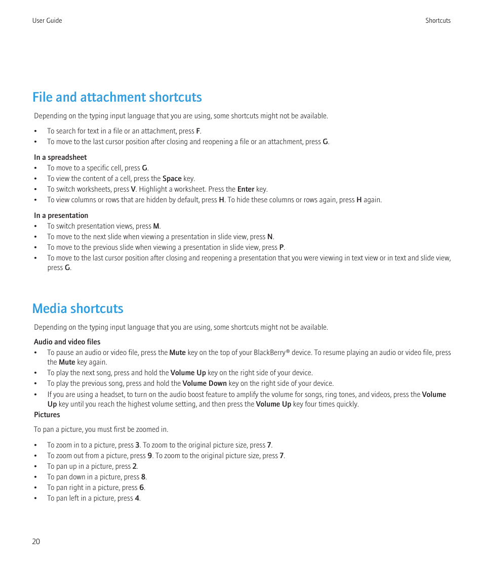 File and attachment shortcuts, Media shortcuts | Blackberry Bold 9700 User Manual | Page 22 / 332