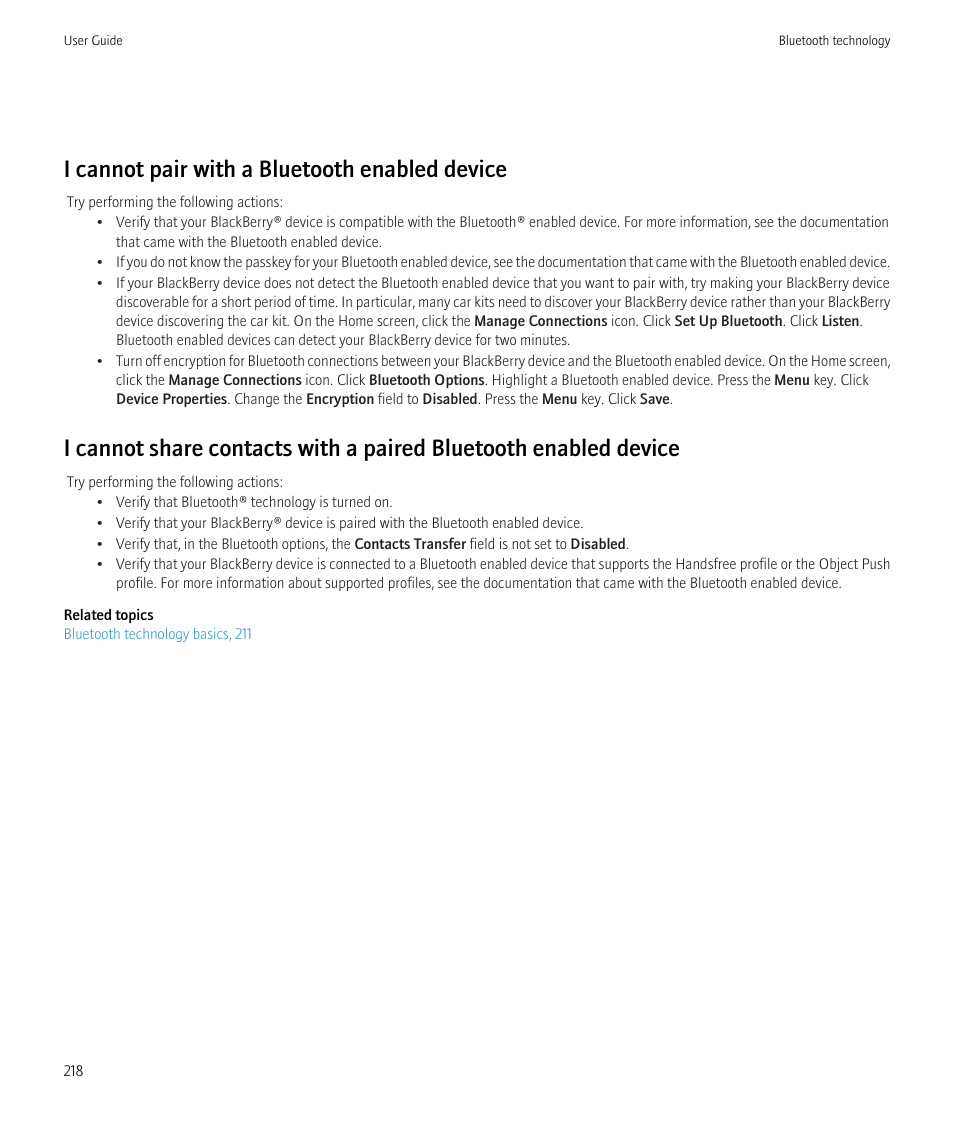 I cannot pair with a bluetooth enabled device | Blackberry Bold 9700 User Manual | Page 220 / 332