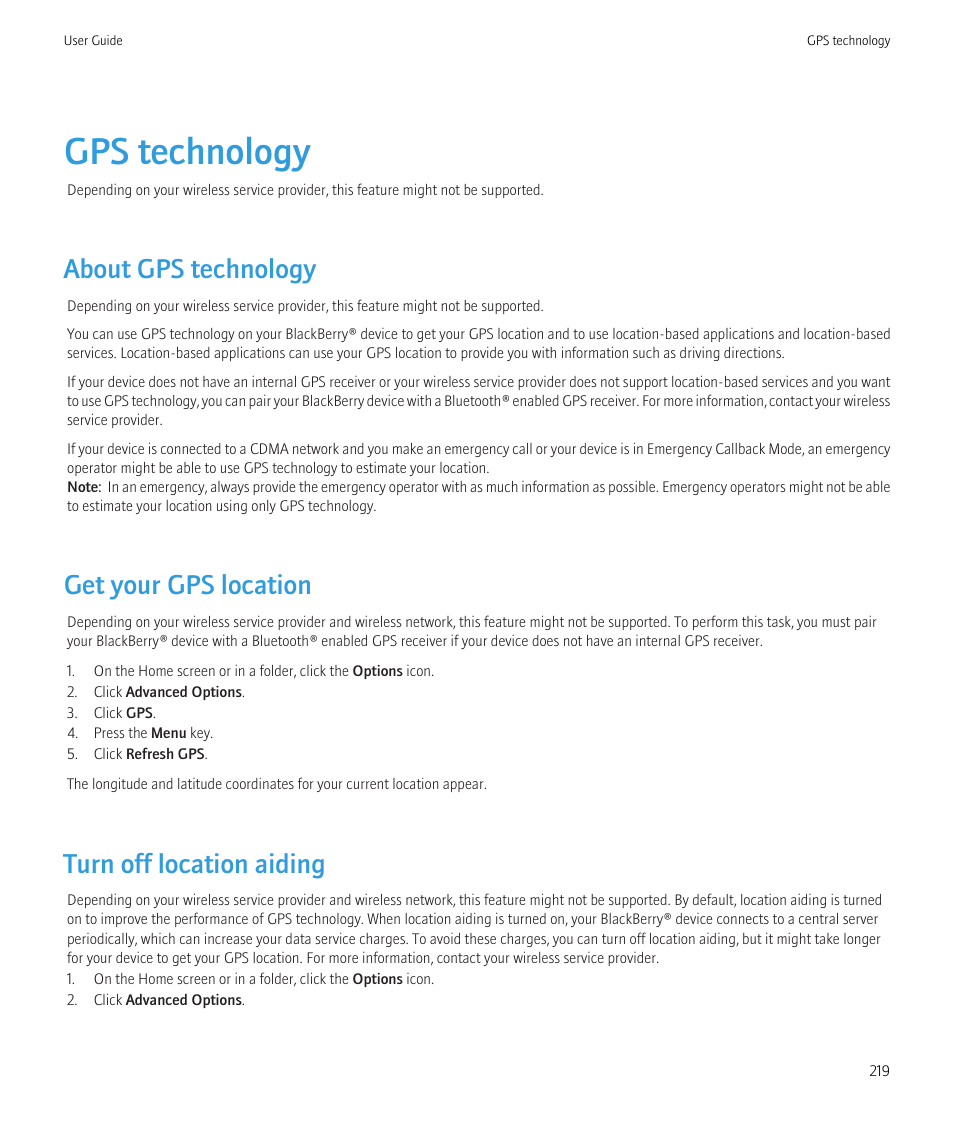 Gps technology, About gps technology, Get your gps location | Turn off location aiding | Blackberry Bold 9700 User Manual | Page 221 / 332