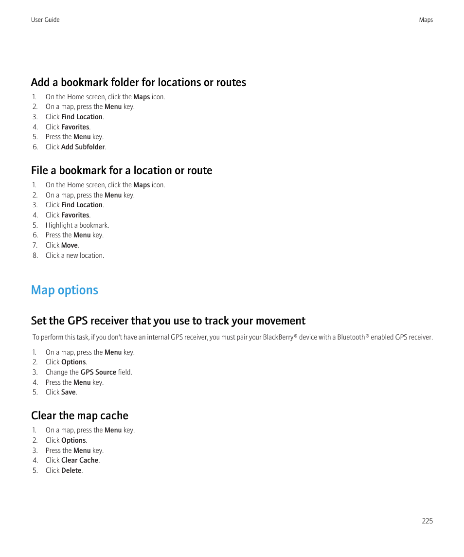 Map options, Add a bookmark folder for locations or routes, File a bookmark for a location or route | Clear the map cache | Blackberry Bold 9700 User Manual | Page 227 / 332
