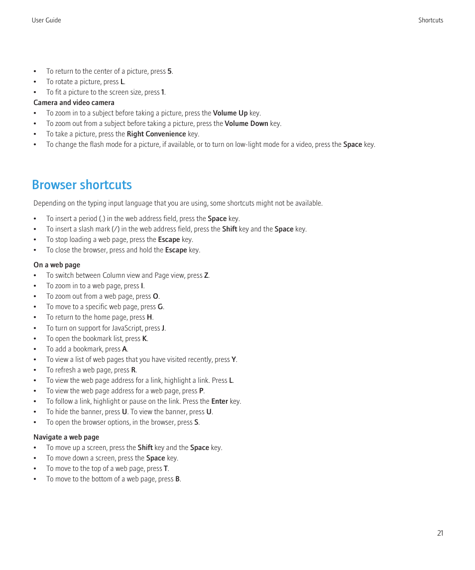 Browser shortcuts | Blackberry Bold 9700 User Manual | Page 23 / 332