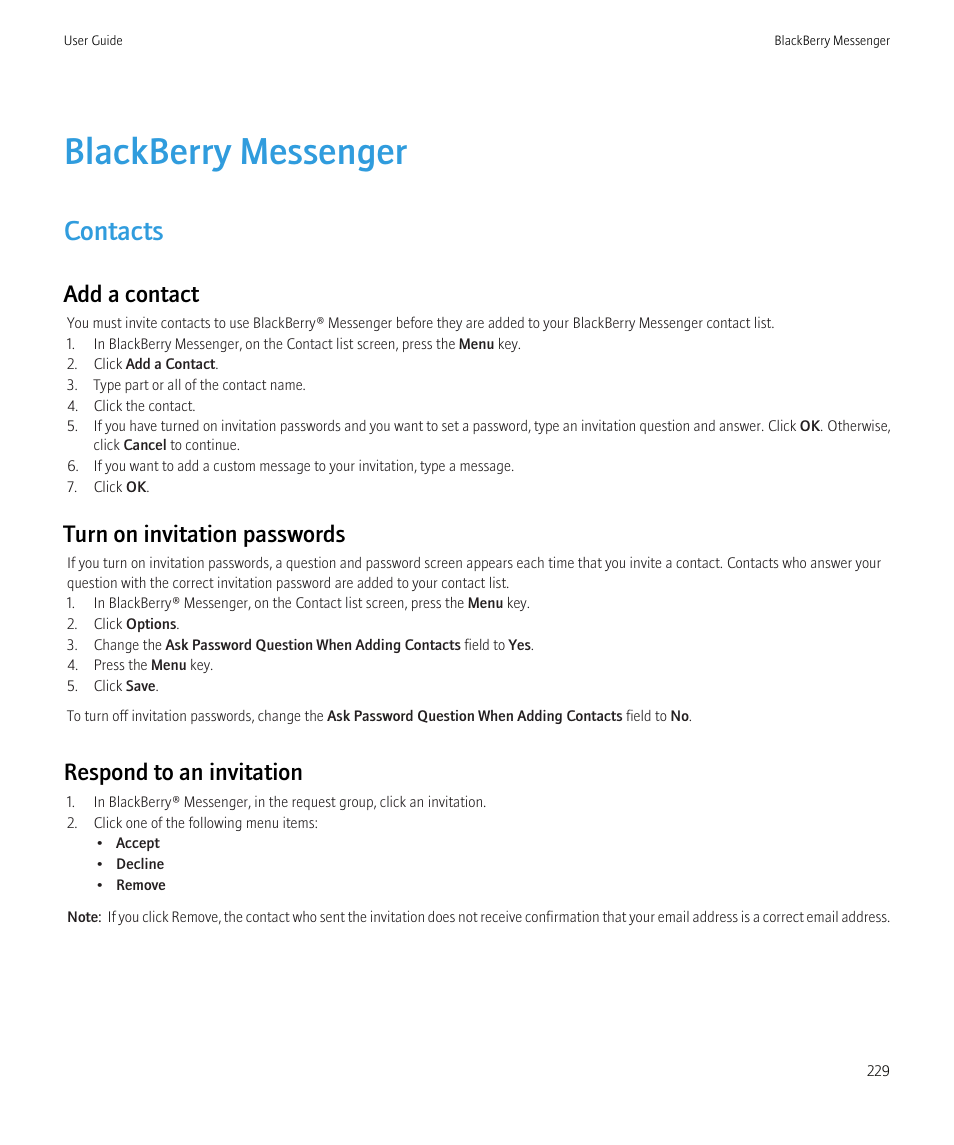 Blackberry messenger, Contacts, Add a contact | Turn on invitation passwords, Respond to an invitation | Blackberry Bold 9700 User Manual | Page 231 / 332