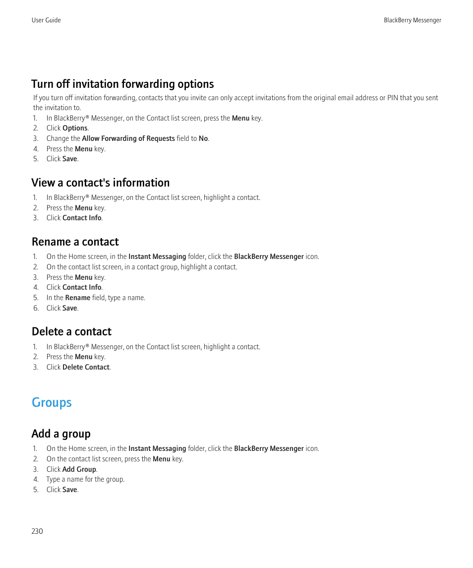 Groups, Turn off invitation forwarding options, View a contact's information | Rename a contact, Delete a contact, Add a group | Blackberry Bold 9700 User Manual | Page 232 / 332