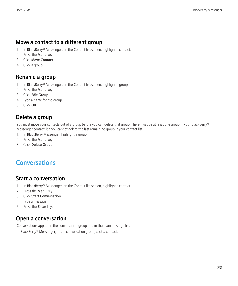 Conversations, Move a contact to a different group, Rename a group | Delete a group, Start a conversation, Open a conversation | Blackberry Bold 9700 User Manual | Page 233 / 332