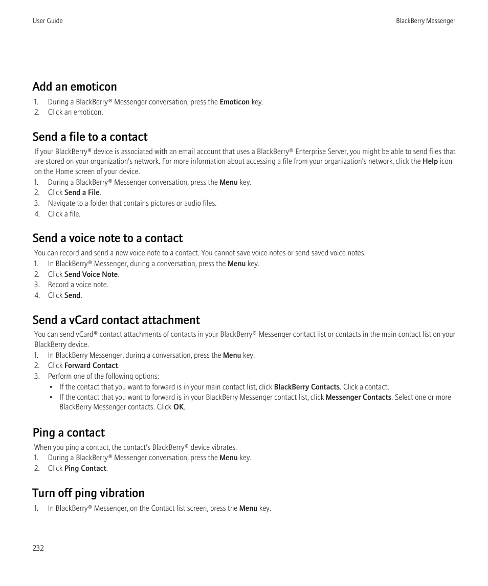 Add an emoticon, Send a file to a contact, Send a vcard contact attachment | Ping a contact, Turn off ping vibration | Blackberry Bold 9700 User Manual | Page 234 / 332