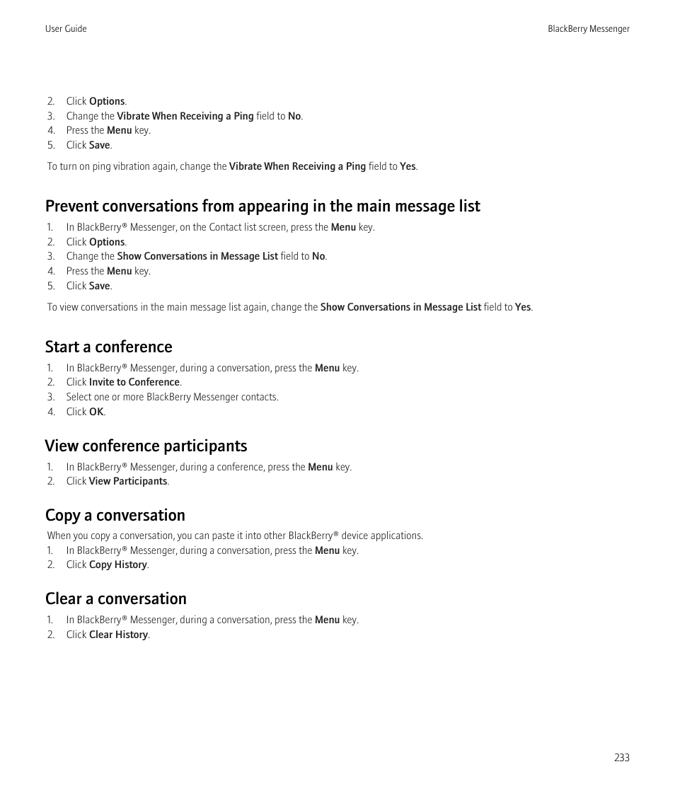 Start a conference, View conference participants, Copy a conversation | Clear a conversation | Blackberry Bold 9700 User Manual | Page 235 / 332