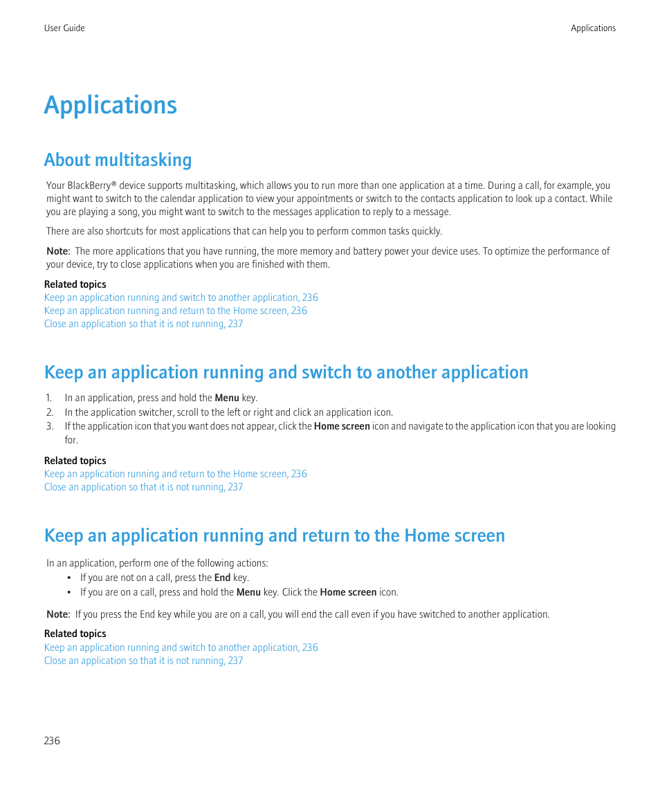 Applications, About multitasking | Blackberry Bold 9700 User Manual | Page 238 / 332