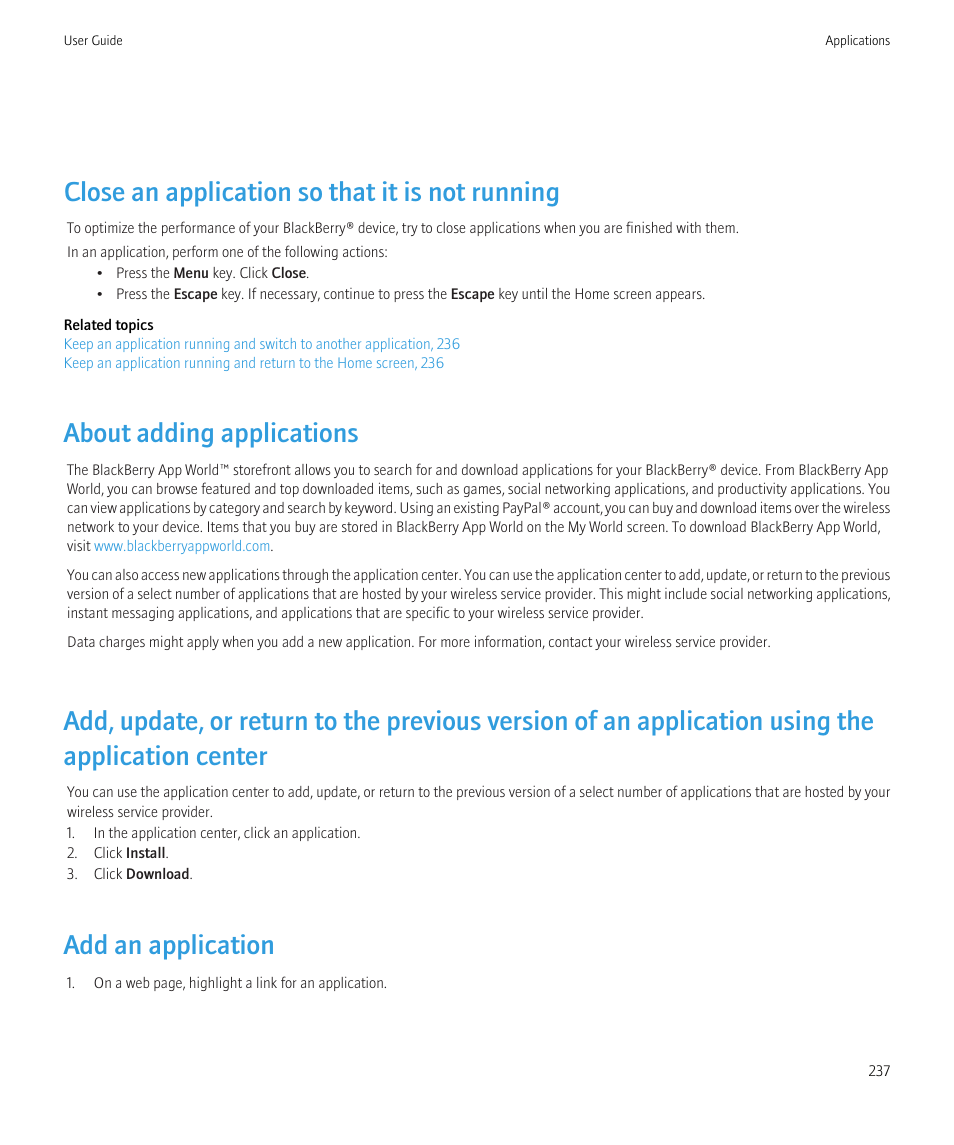 Close an application so that it is not running, About adding applications, Add an application | Blackberry Bold 9700 User Manual | Page 239 / 332
