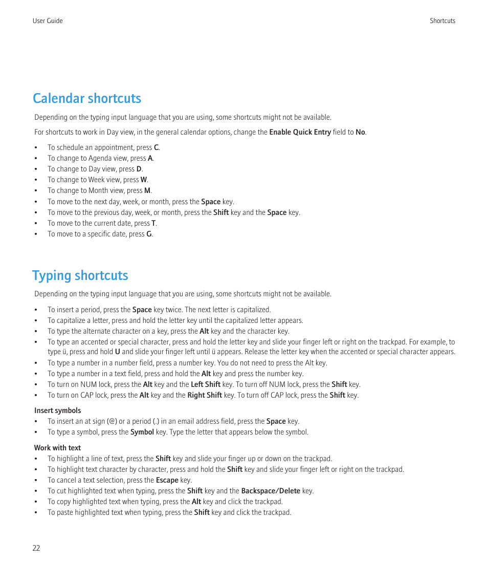 Calendar shortcuts, Typing shortcuts | Blackberry Bold 9700 User Manual | Page 24 / 332