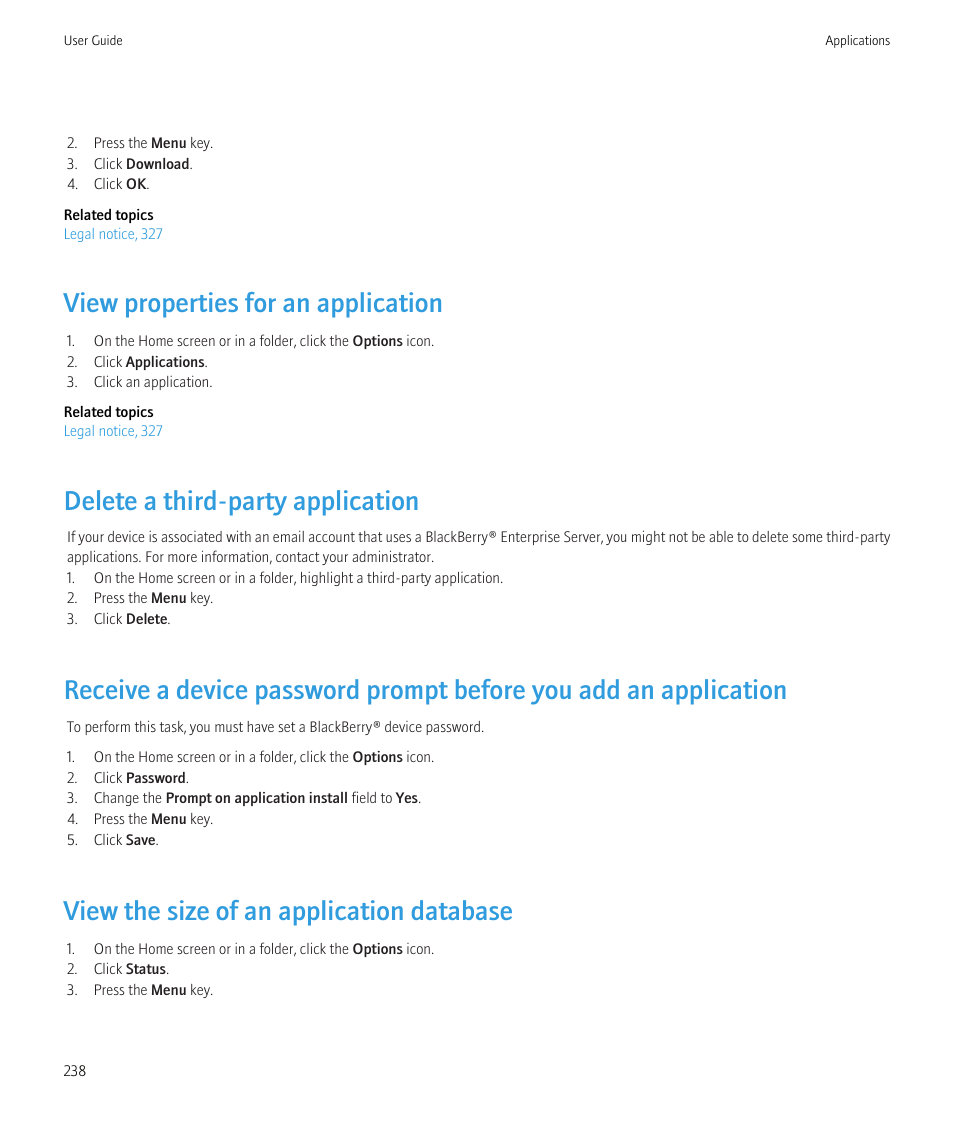 View properties for an application, Delete a third-party application, View the size of an application database | Blackberry Bold 9700 User Manual | Page 240 / 332