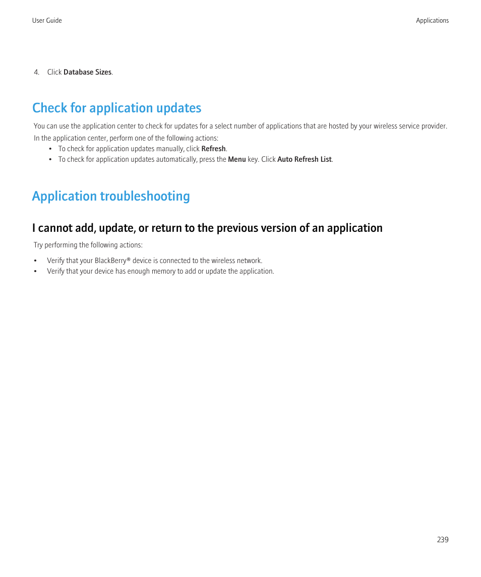 Check for application updates, Application troubleshooting | Blackberry Bold 9700 User Manual | Page 241 / 332