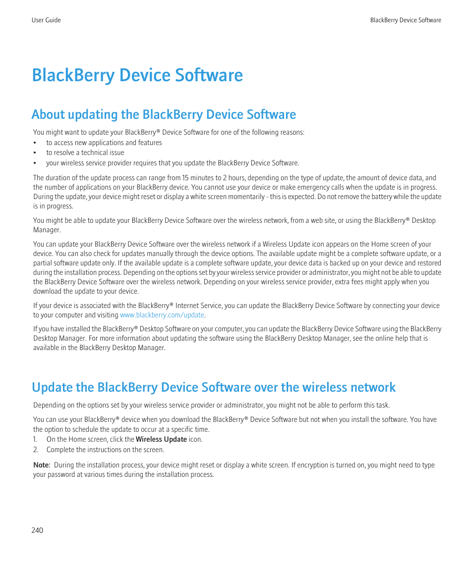Blackberry device software, About updating the blackberry device software | Blackberry Bold 9700 User Manual | Page 242 / 332
