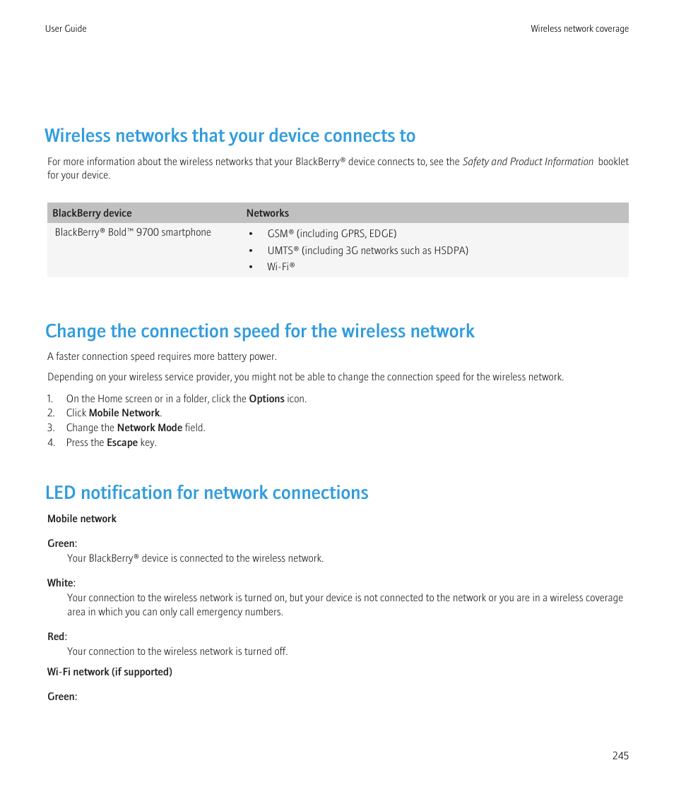 Wireless networks that your device connects to, Led notification for network connections | Blackberry Bold 9700 User Manual | Page 247 / 332