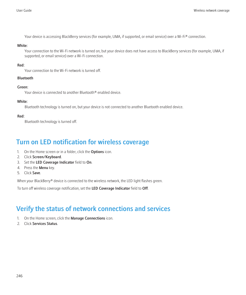 Turn on led notification for wireless coverage | Blackberry Bold 9700 User Manual | Page 248 / 332