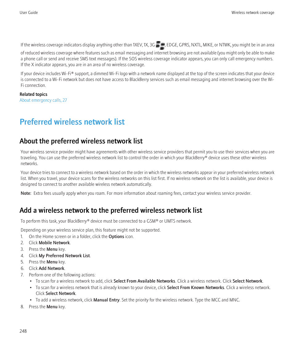 Preferred wireless network list, About the preferred wireless network list | Blackberry Bold 9700 User Manual | Page 250 / 332