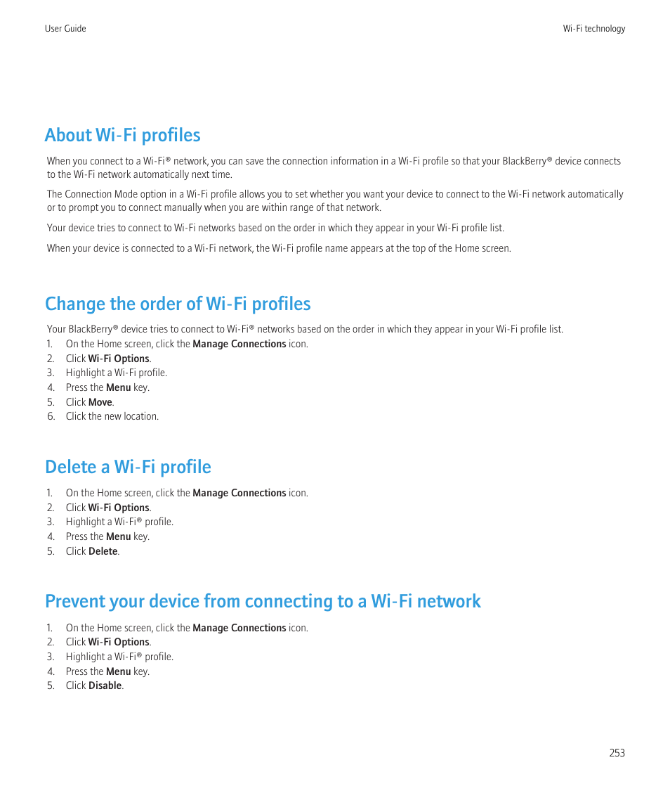 About wi-fi profiles, Change the order of wi-fi profiles, Delete a wi-fi profile | Blackberry Bold 9700 User Manual | Page 255 / 332