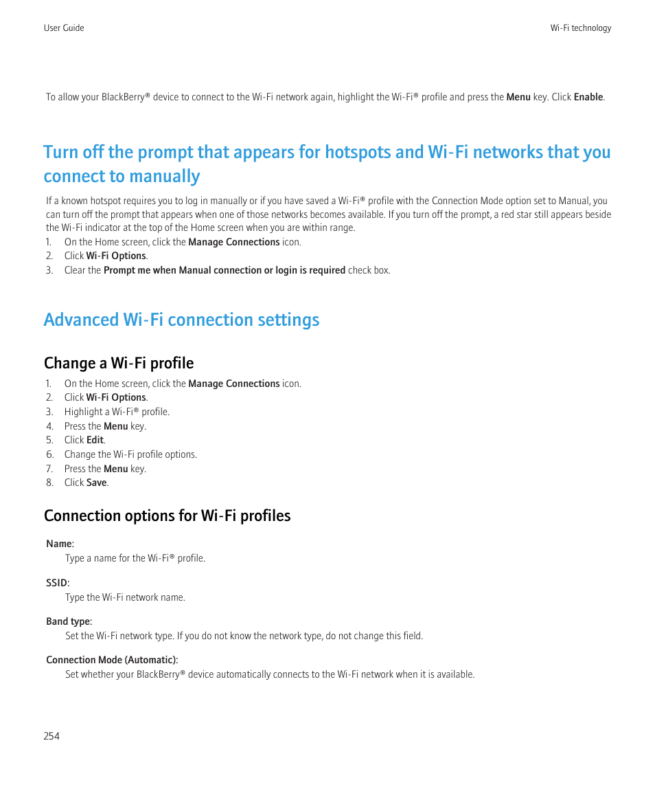 Advanced wi-fi connection settings, Change a wi-fi profile, Connection options for wi-fi profiles | Blackberry Bold 9700 User Manual | Page 256 / 332