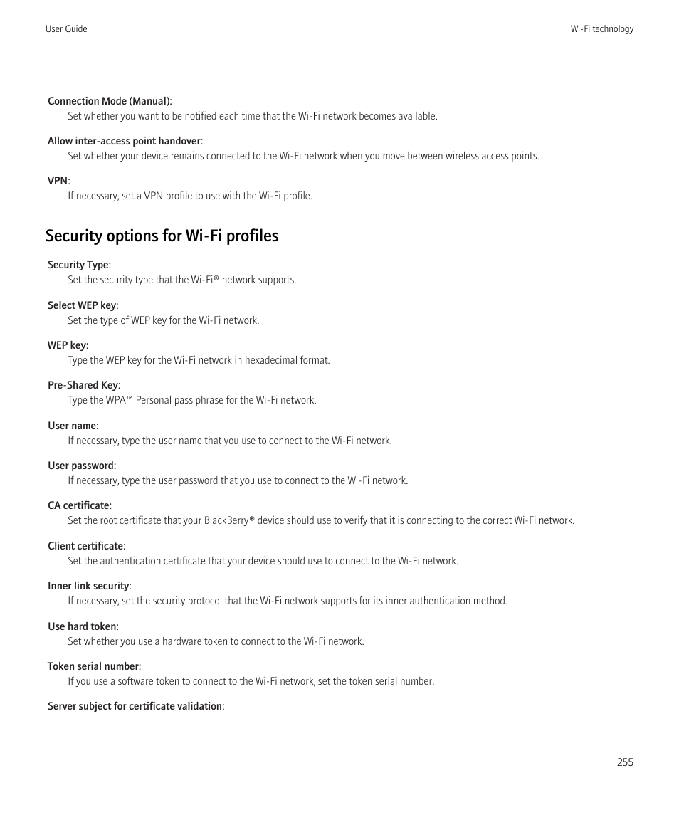 Security options for wi-fi profiles | Blackberry Bold 9700 User Manual | Page 257 / 332