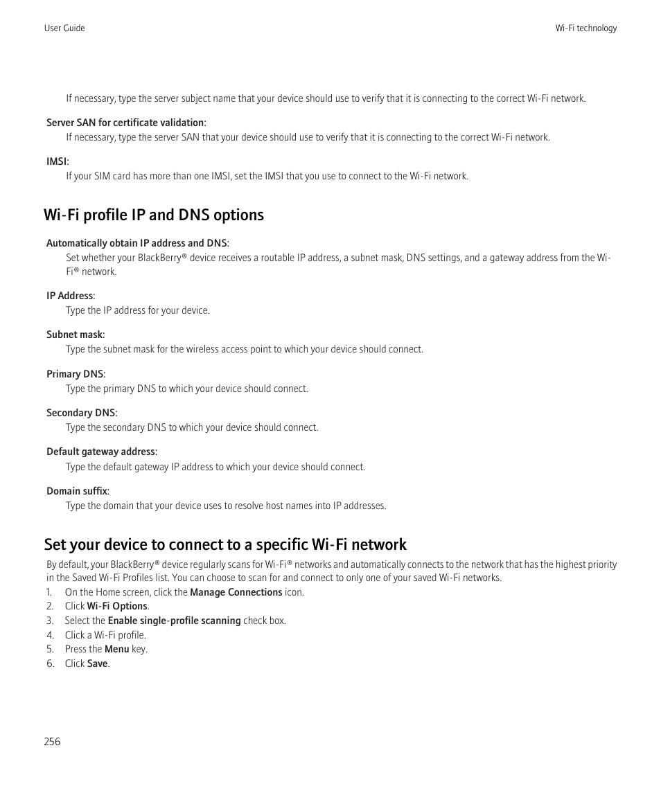 Wi-fi profile ip and dns options | Blackberry Bold 9700 User Manual | Page 258 / 332