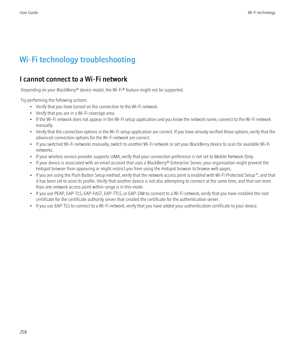 Wi-fi technology troubleshooting, I cannot connect to a wi-fi network | Blackberry Bold 9700 User Manual | Page 260 / 332