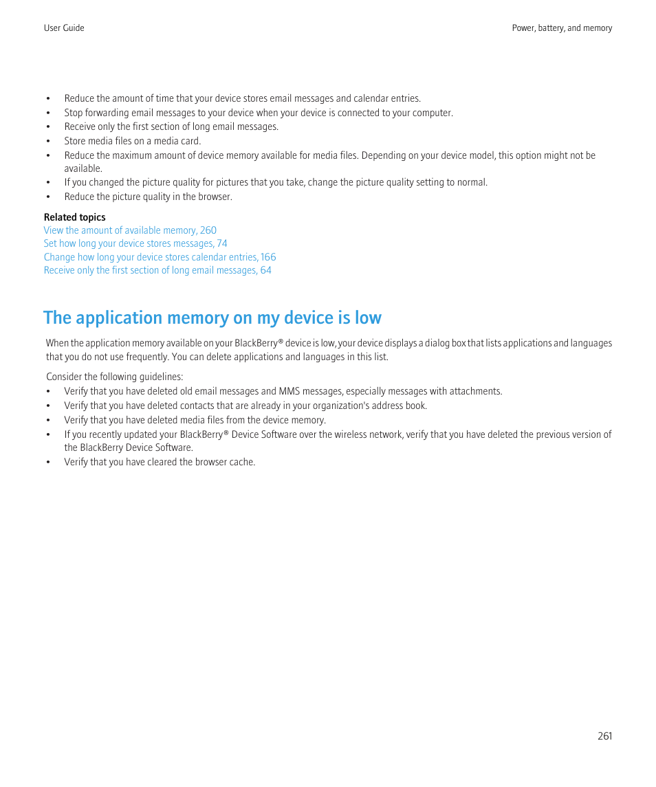 The application memory on my device is low | Blackberry Bold 9700 User Manual | Page 263 / 332