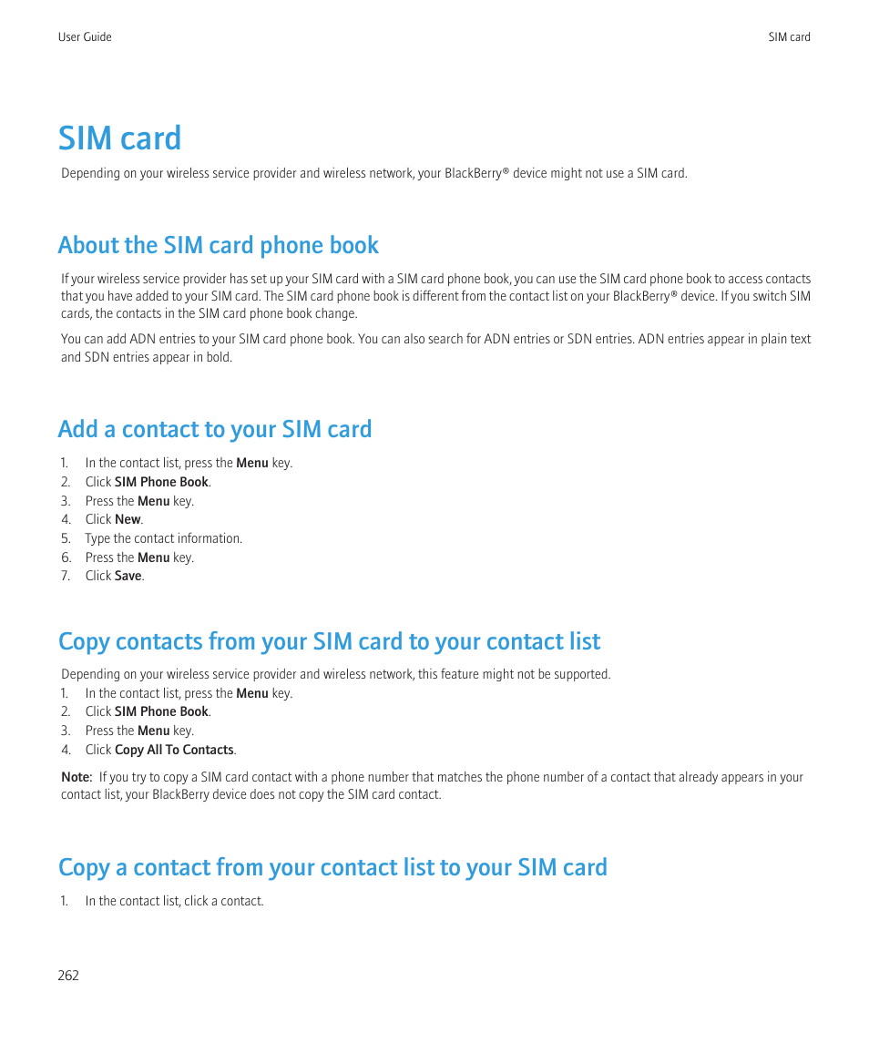 Sim card, About the sim card phone book, Add a contact to your sim card | Blackberry Bold 9700 User Manual | Page 264 / 332