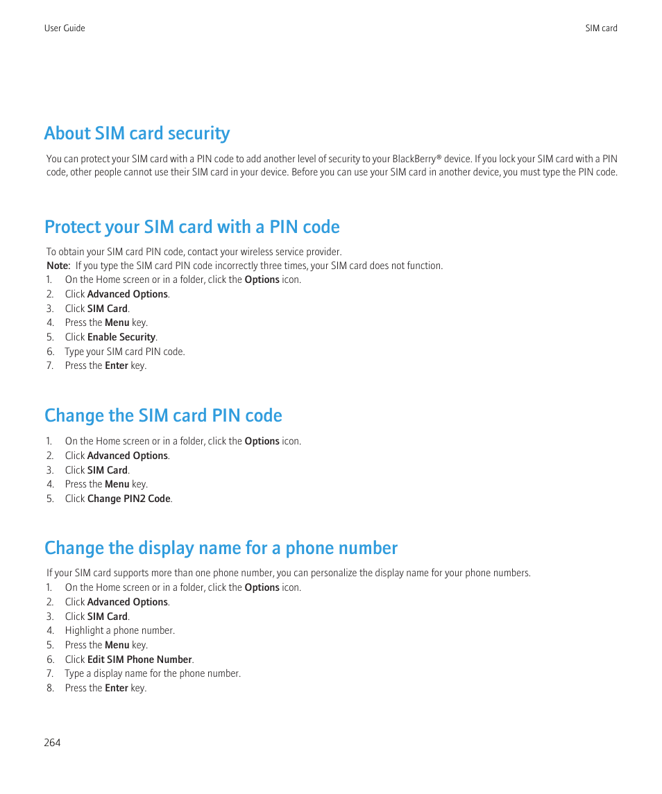 About sim card security, Protect your sim card with a pin code, Change the sim card pin code | Change the display name for a phone number | Blackberry Bold 9700 User Manual | Page 266 / 332