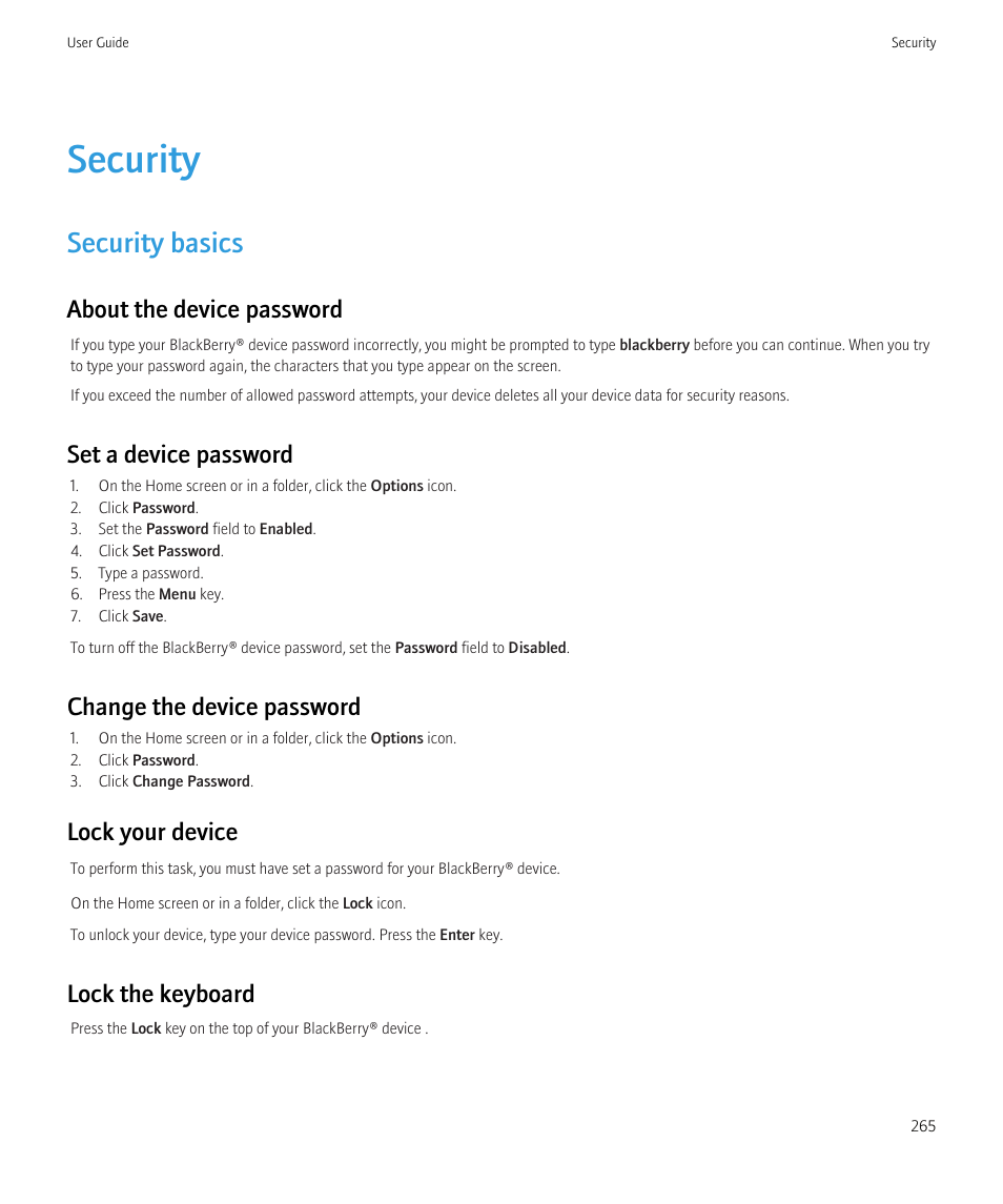 Security, Security basics, Lock your device, 265 | About the device password, Set a device password, Change the device password, Lock your device, Lock the keyboard | Blackberry Bold 9700 User Manual | Page 267 / 332