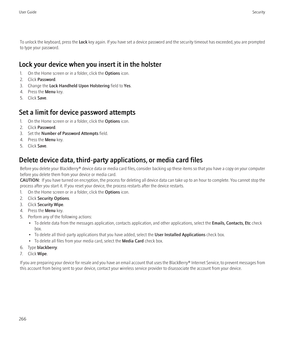 Lock your device when you insert it in the holster, Set a limit for device password attempts | Blackberry Bold 9700 User Manual | Page 268 / 332