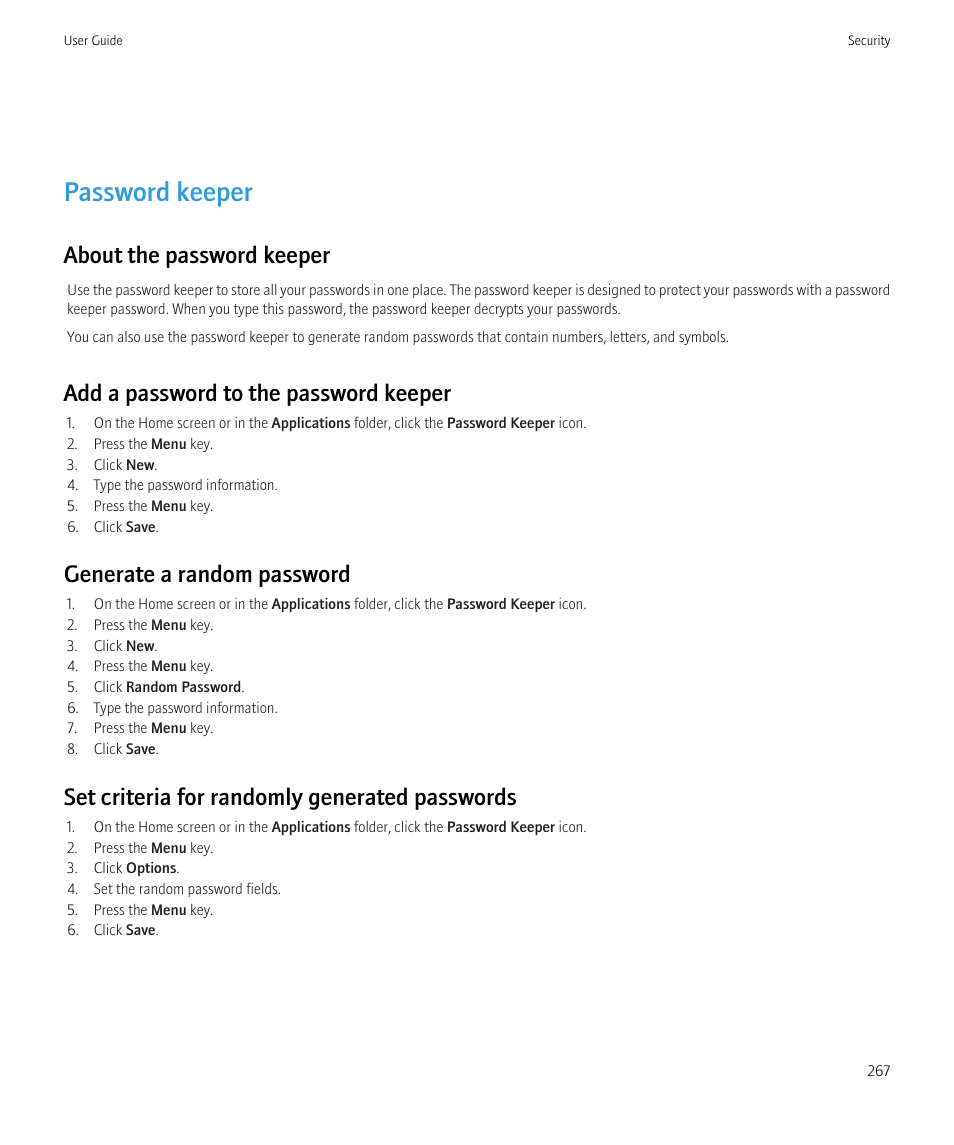 Password keeper, About the password keeper, Add a password to the password keeper | Generate a random password, Set criteria for randomly generated passwords | Blackberry Bold 9700 User Manual | Page 269 / 332