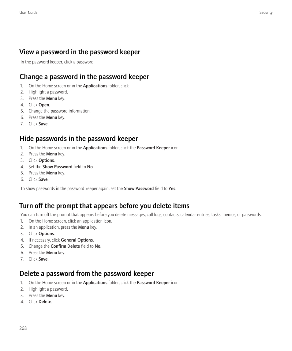 View a password in the password keeper, Change a password in the password keeper, Hide passwords in the password keeper | Delete a password from the password keeper | Blackberry Bold 9700 User Manual | Page 270 / 332