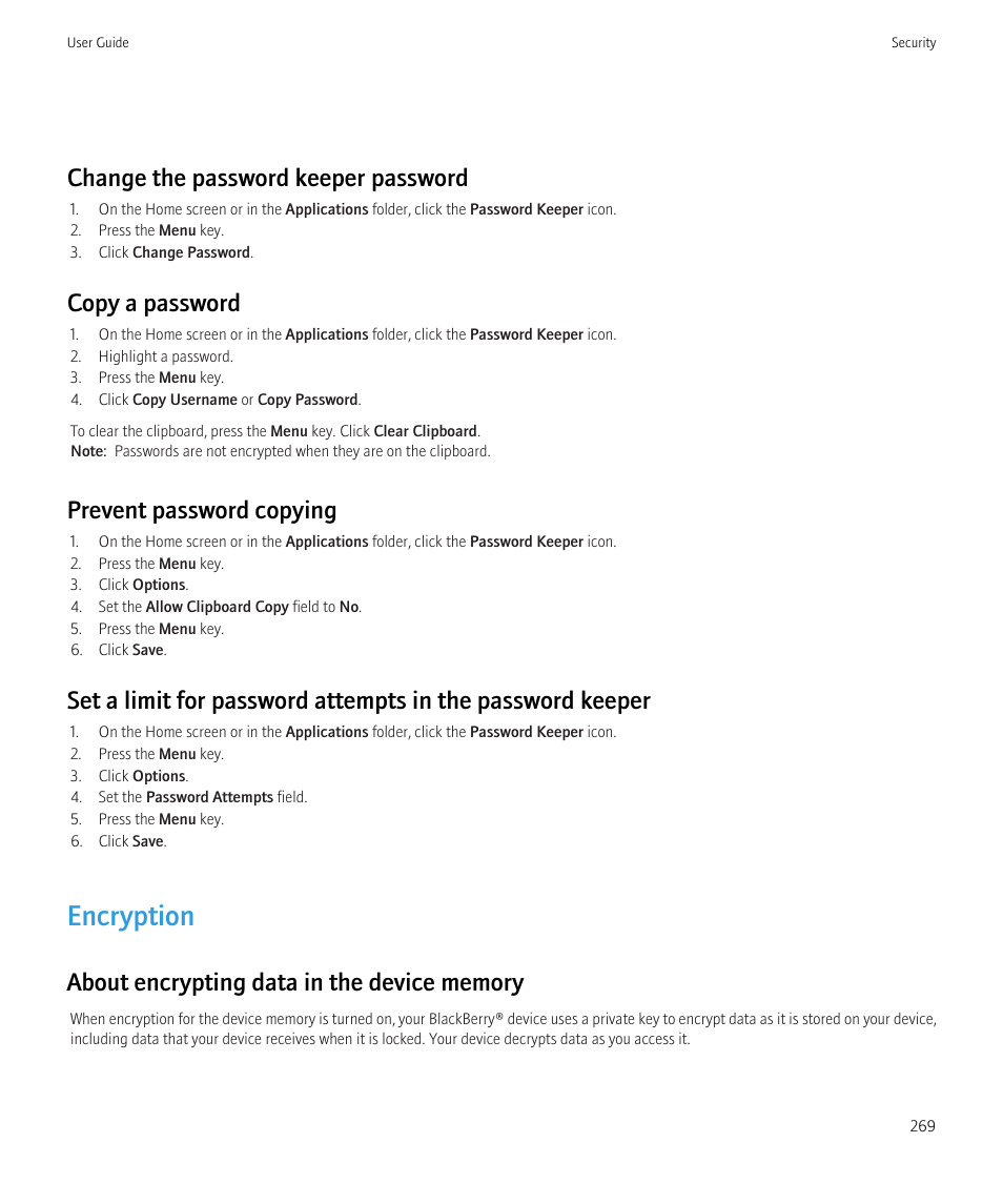 Encryption, Change the password keeper password, Copy a password | Prevent password copying | Blackberry Bold 9700 User Manual | Page 271 / 332