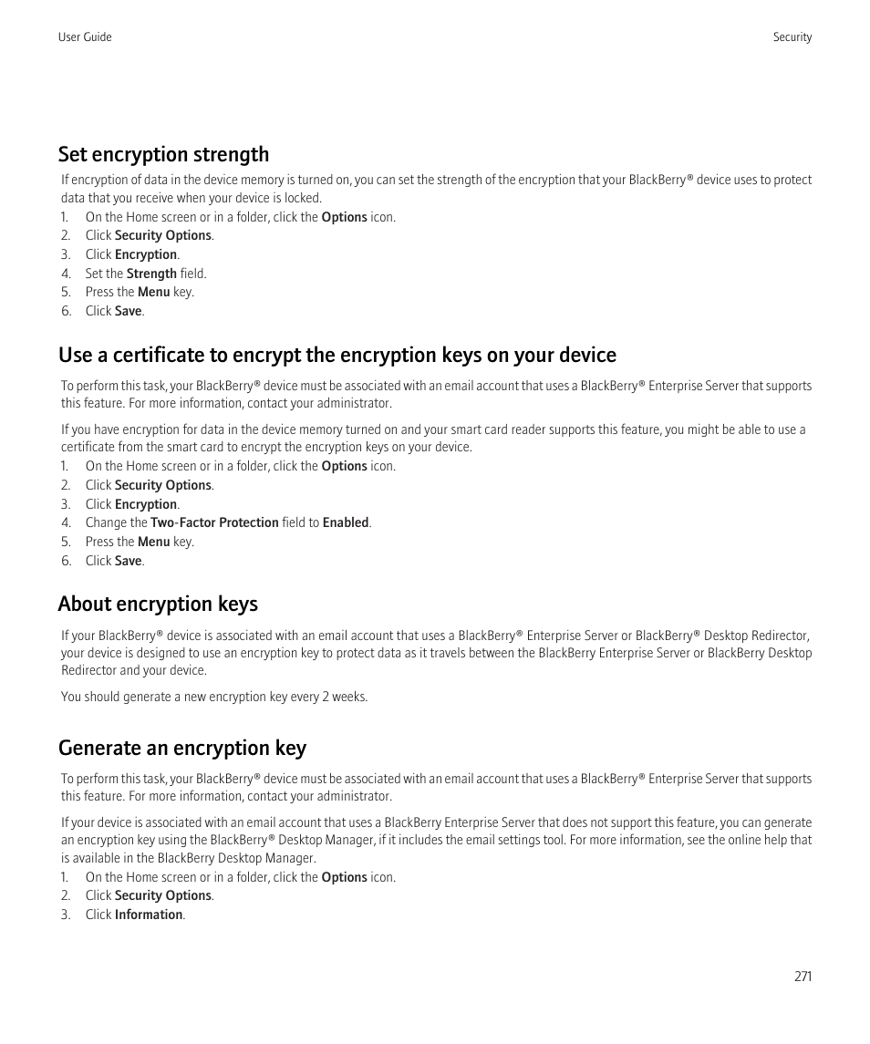 Generate an encryption key, 271, Set encryption strength, About encryption keys | Generate an encryption key | Blackberry Bold 9700 User Manual | Page 273 / 332