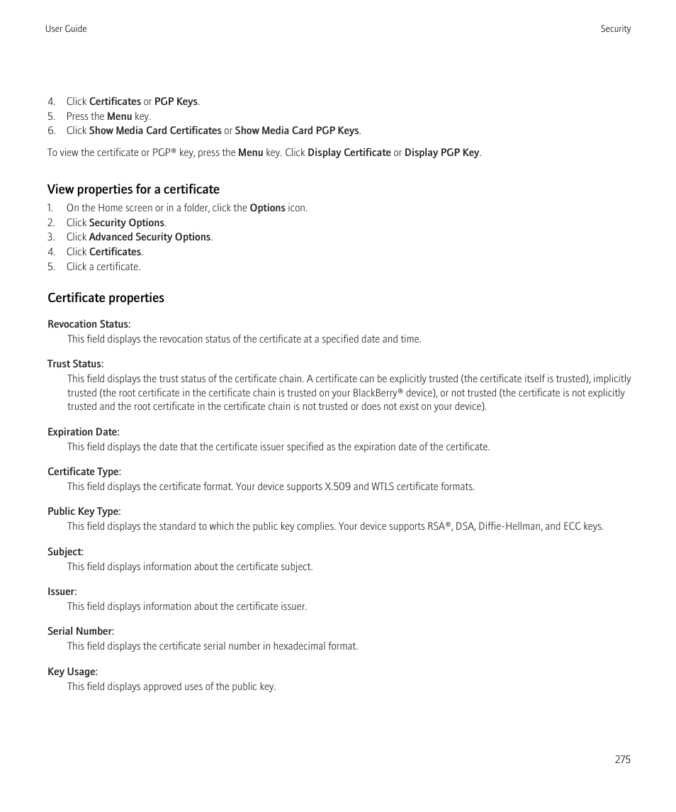 View properties for a certificate, Certificate properties | Blackberry Bold 9700 User Manual | Page 277 / 332