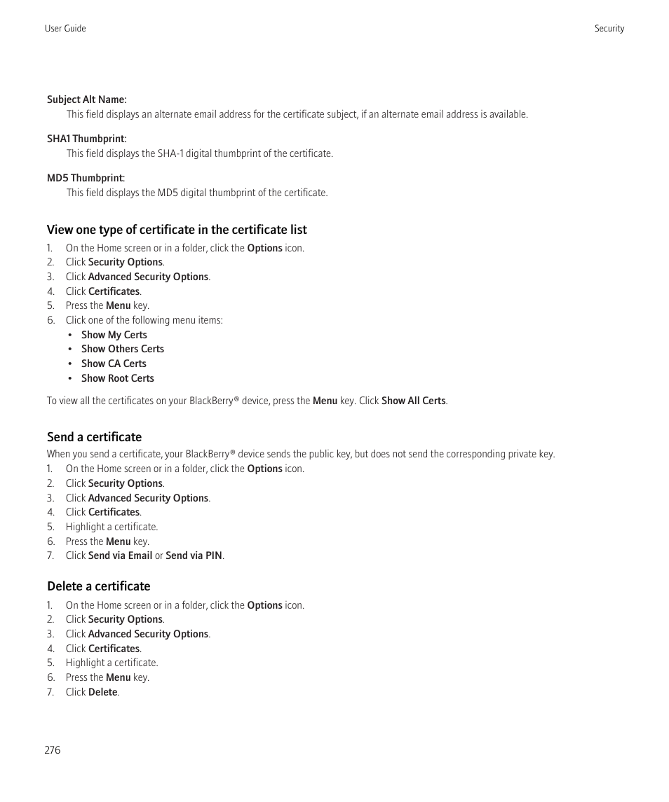Send a certificate, Delete a certificate | Blackberry Bold 9700 User Manual | Page 278 / 332