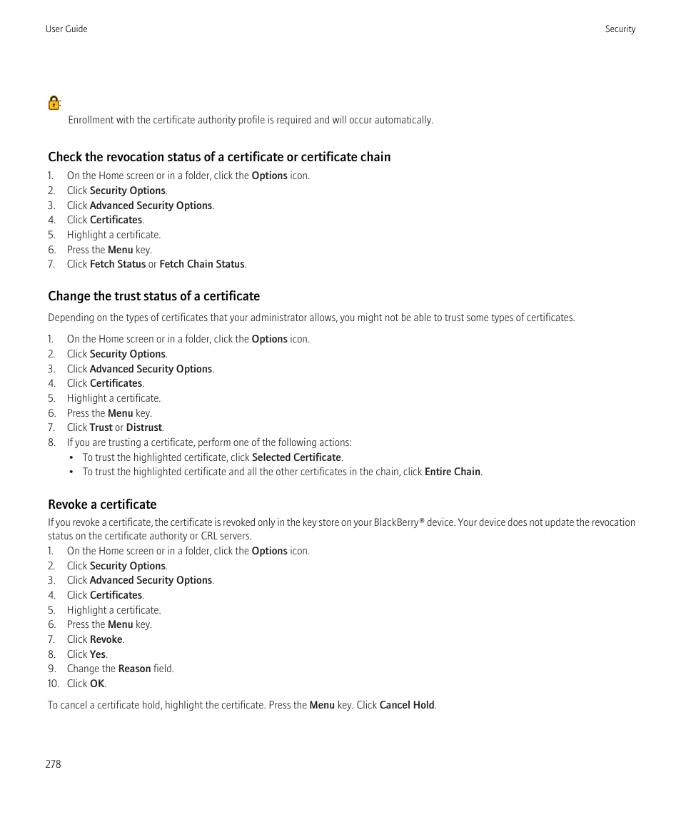 Change the trust status of a certificate, Revoke a certificate | Blackberry Bold 9700 User Manual | Page 280 / 332