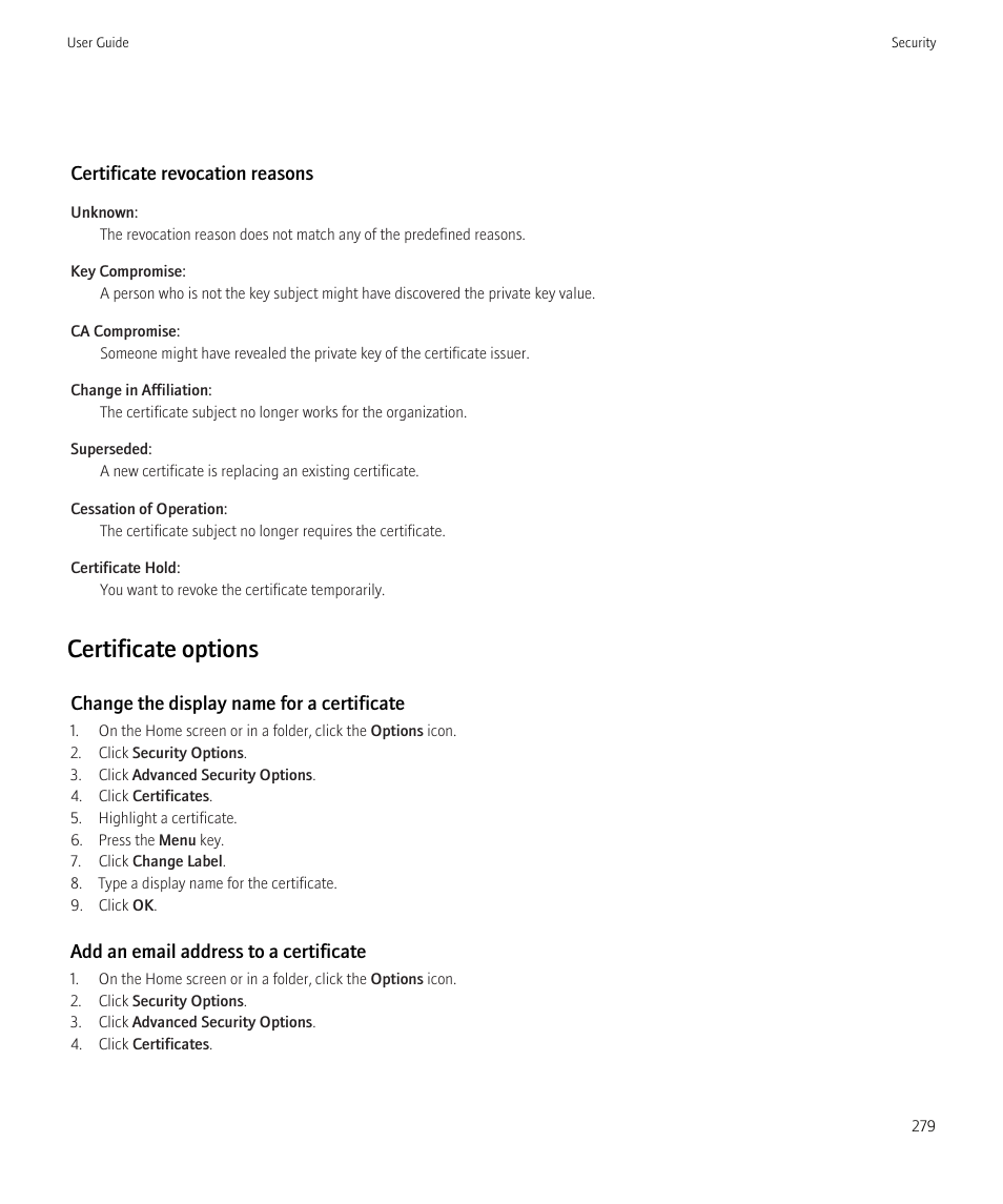 Certificate options | Blackberry Bold 9700 User Manual | Page 281 / 332