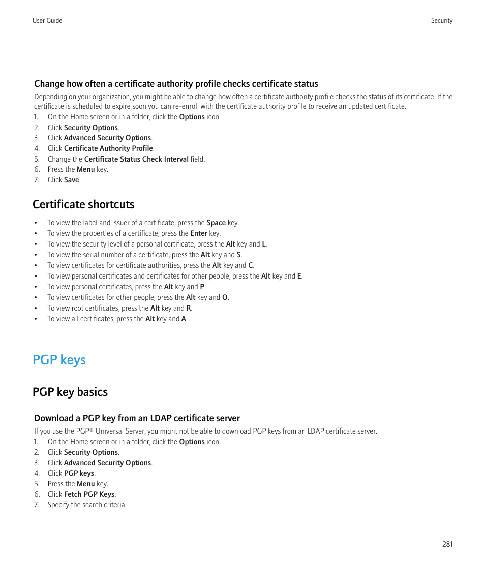 Pgp keys, Certificate shortcuts, Pgp key basics | Blackberry Bold 9700 User Manual | Page 283 / 332